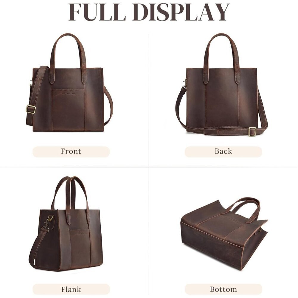 Leather Crossbody Tote Bag for Women Top Grain Crazy Horse Adjustable Strap - Picture 6 of 7